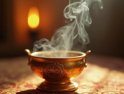 Golden Incense Burner With Rising Smoke