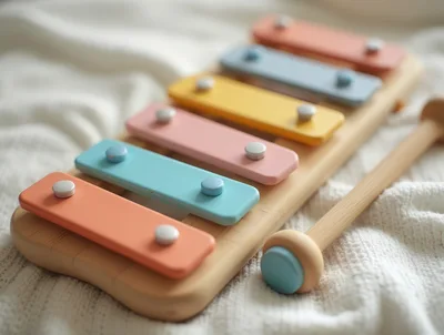 Colorful Wooden Toy Xylophone on Soft White Fabric