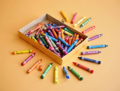 Box of Colorful Wax Crayons on Orange Background