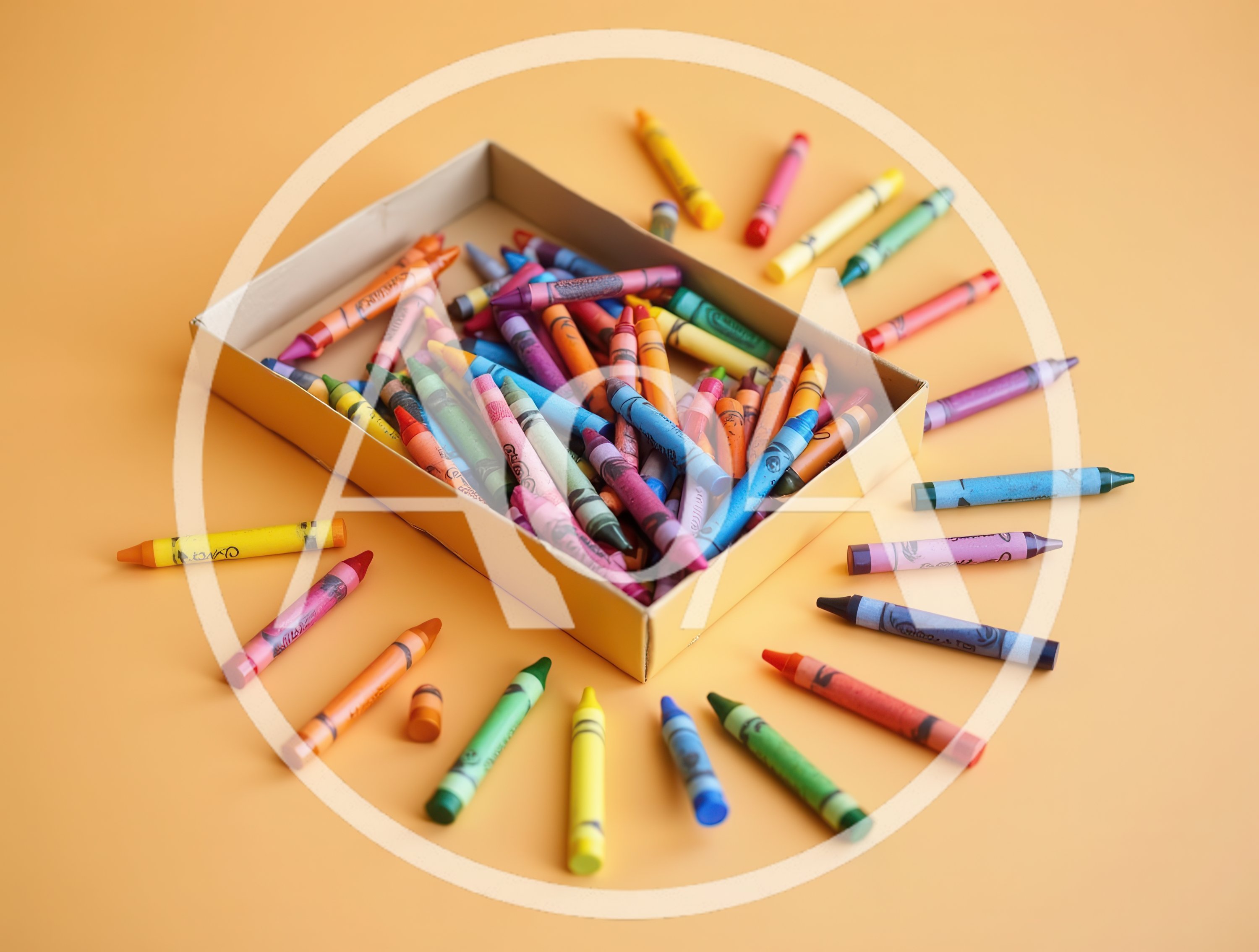 Box of Colorful Wax Crayons on Orange Background