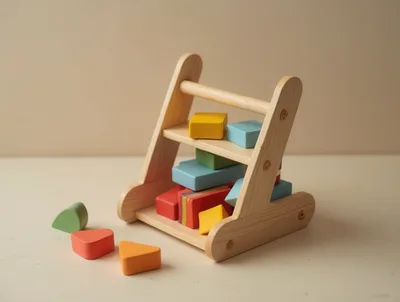 Wooden Toy Cart With Colorful Geometric Blocks