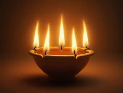 Five Lit Clay Oil Lamps In A Single Diya