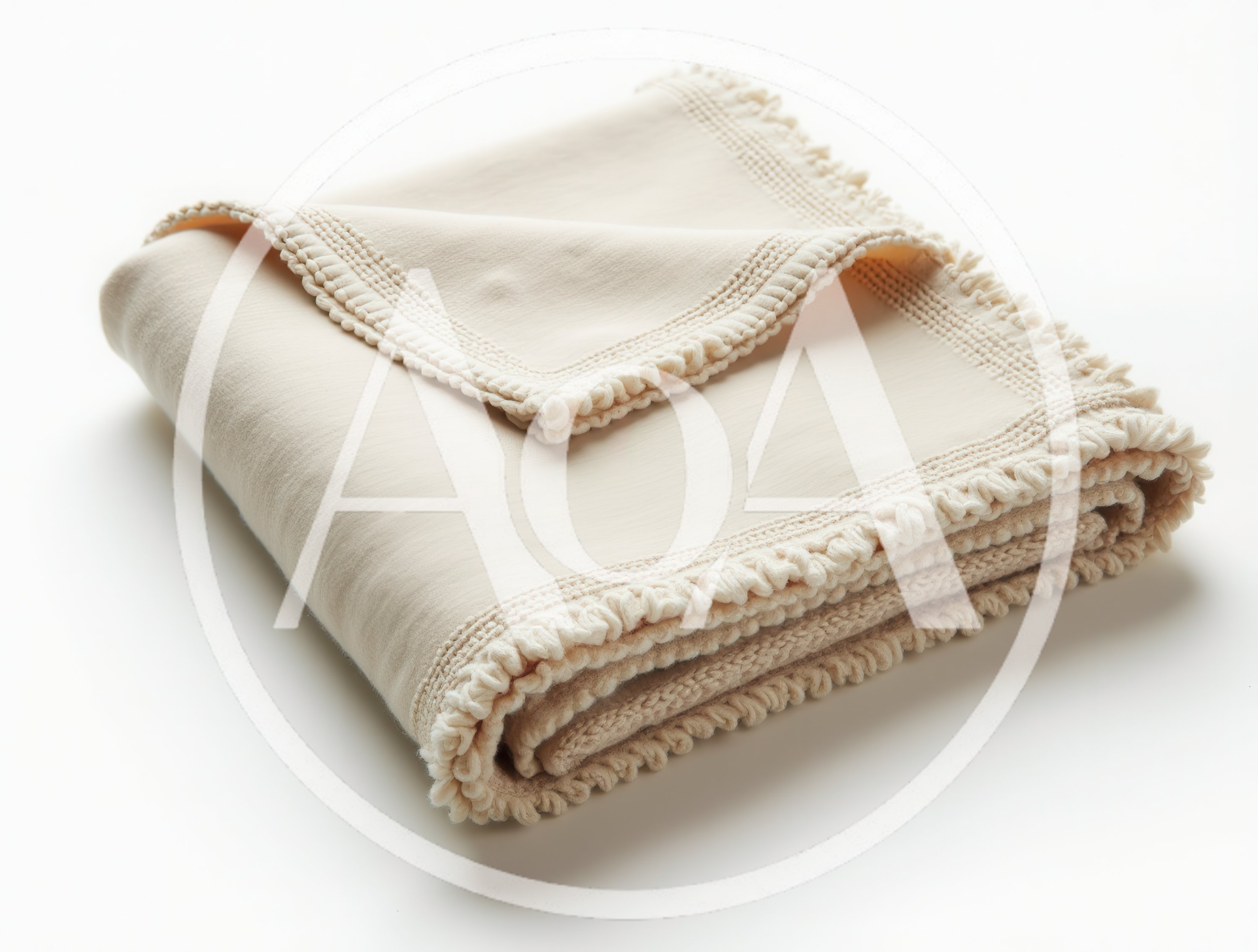 Folded Cream Colored Throw Blanket With Decorative Fringe