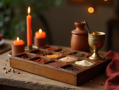 Wooden Spice Box With Candles And Brass Cup