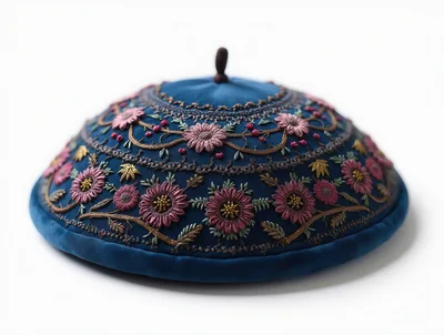 Embroidered Blue Velvet Kippah With Floral Patterns