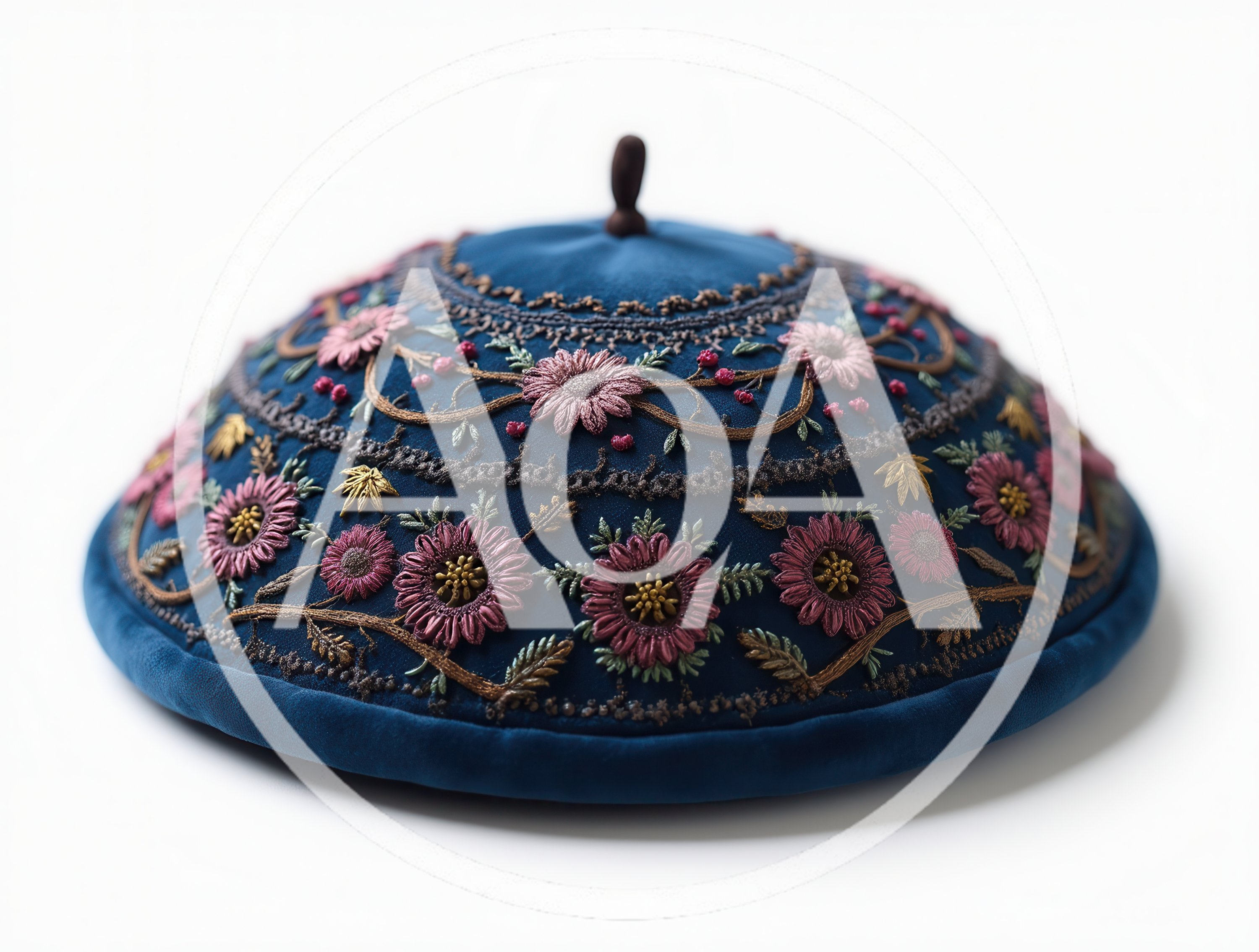 Embroidered Blue Velvet Kippah With Floral Patterns
