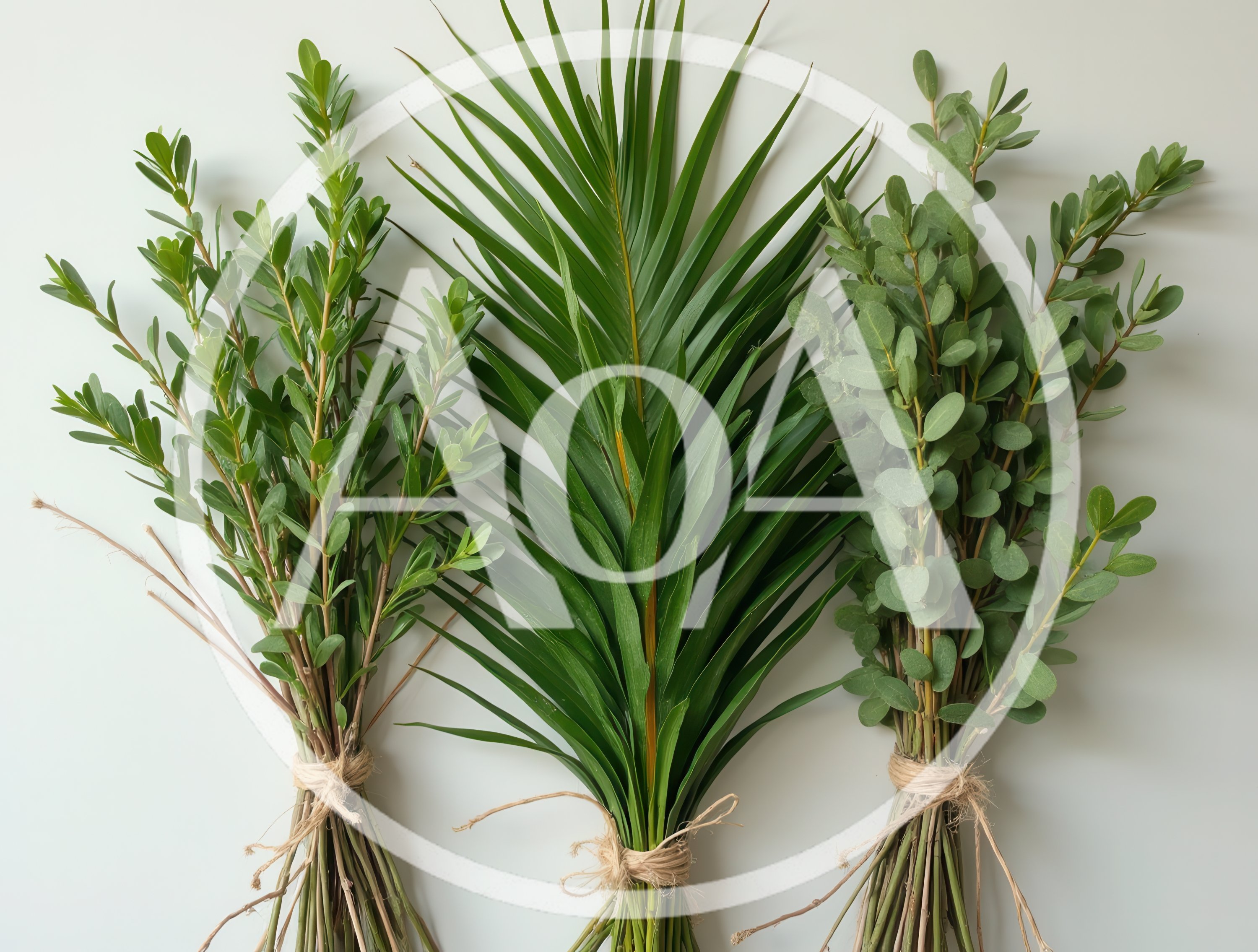 Three Bundles Of Fresh Green Foliage On White Background