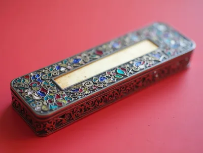 Ornate Metal Jewelry Box With Colorful Enamel Inlay