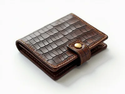 Brown Leather Crocodile Pattern Wallet With Gold Snap