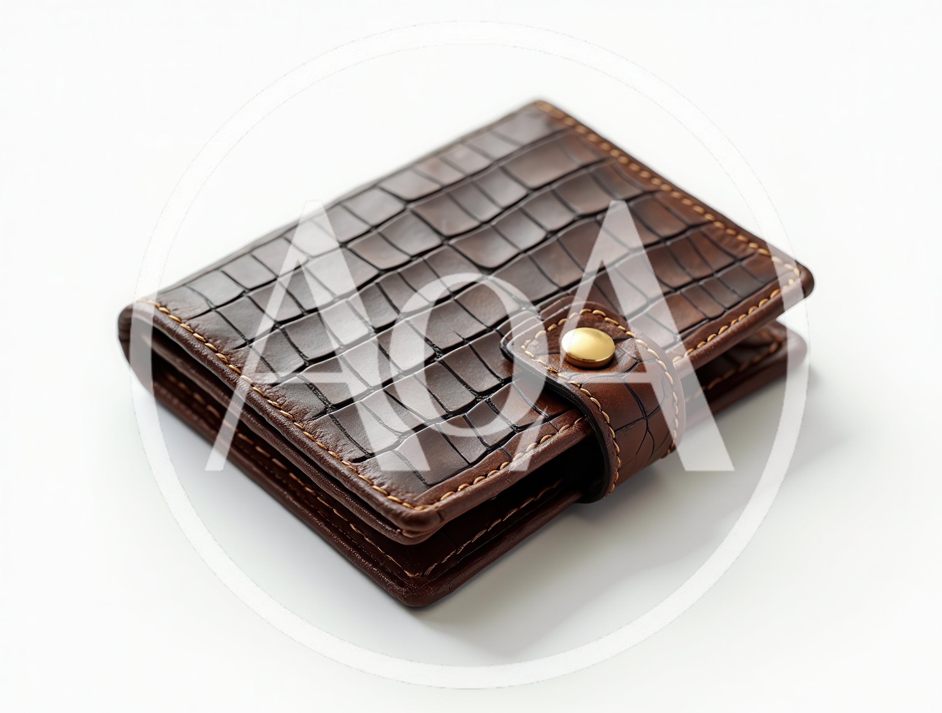 Brown Leather Crocodile Pattern Wallet With Gold Snap