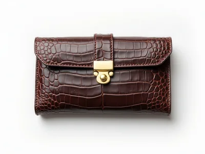Brown Crocodile Leather Clutch With Gold Clasp
