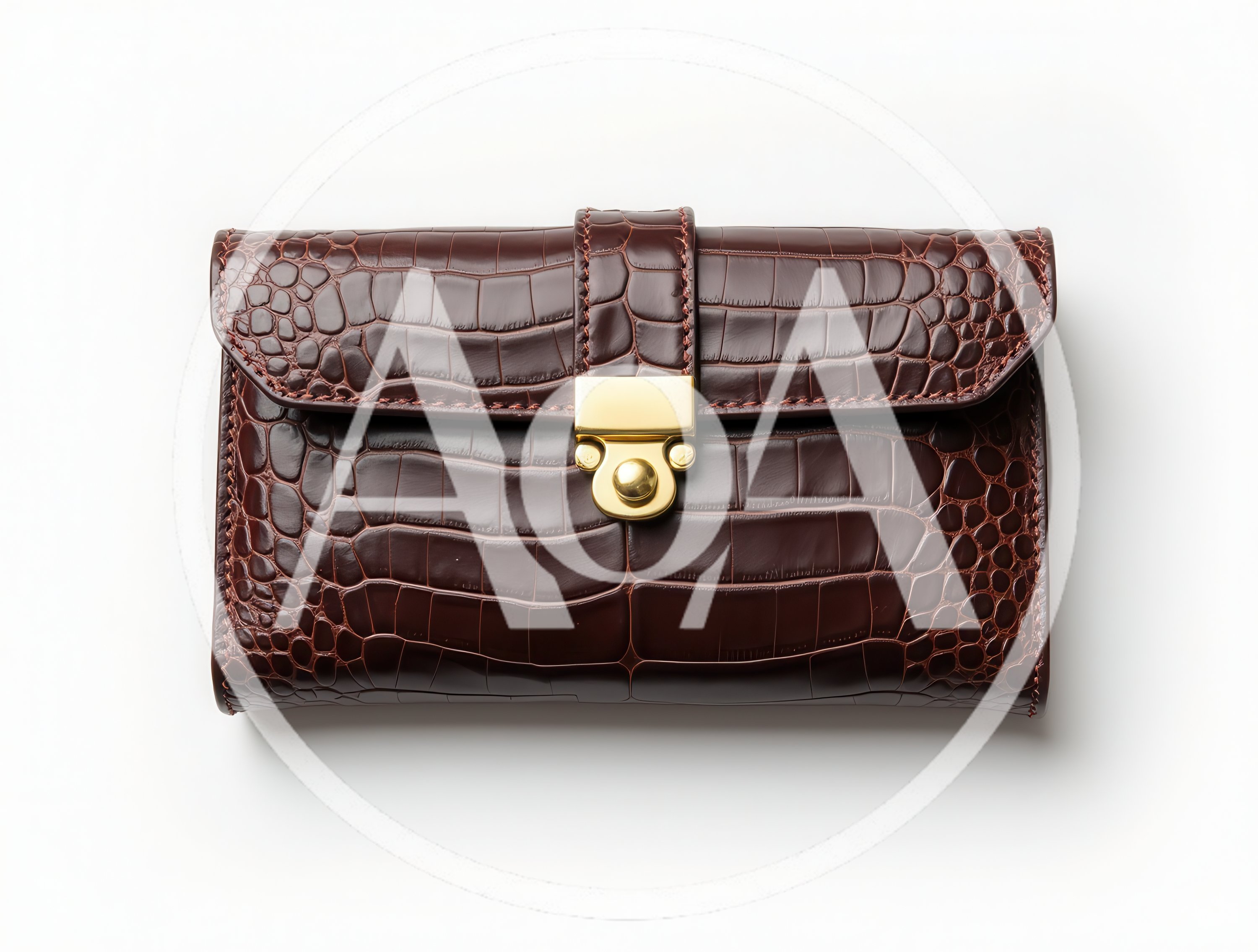 Brown Crocodile Leather Clutch With Gold Clasp