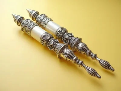Ornate Silver Torah Scroll Handles On Yellow Background