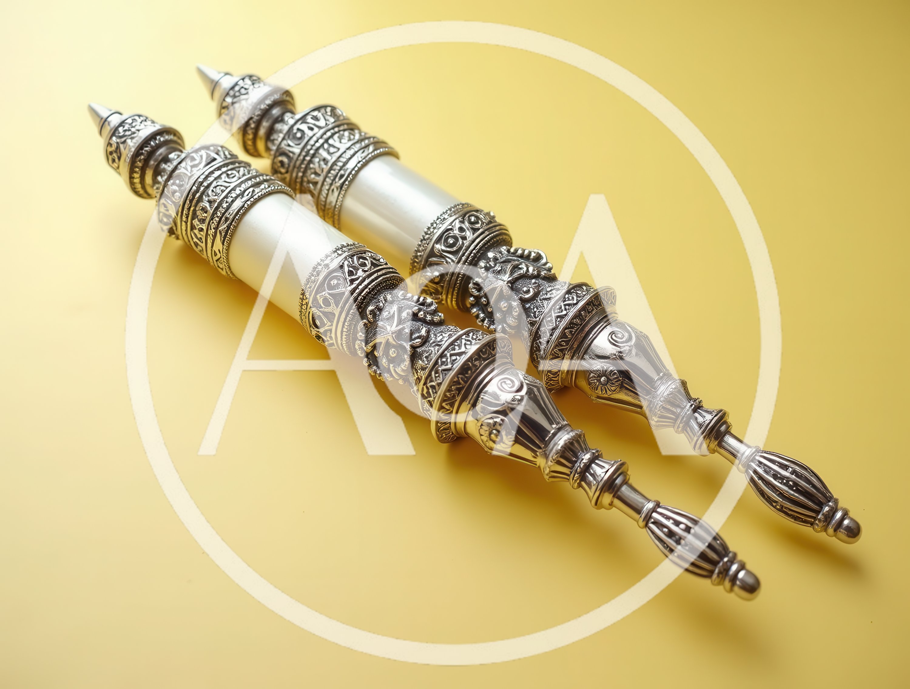 Ornate Silver Torah Scroll Handles On Yellow Background