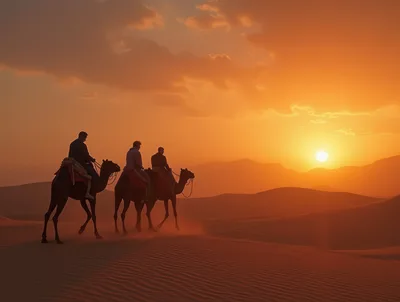 Three People Riding Camels Across Desert Dunes At Sunset