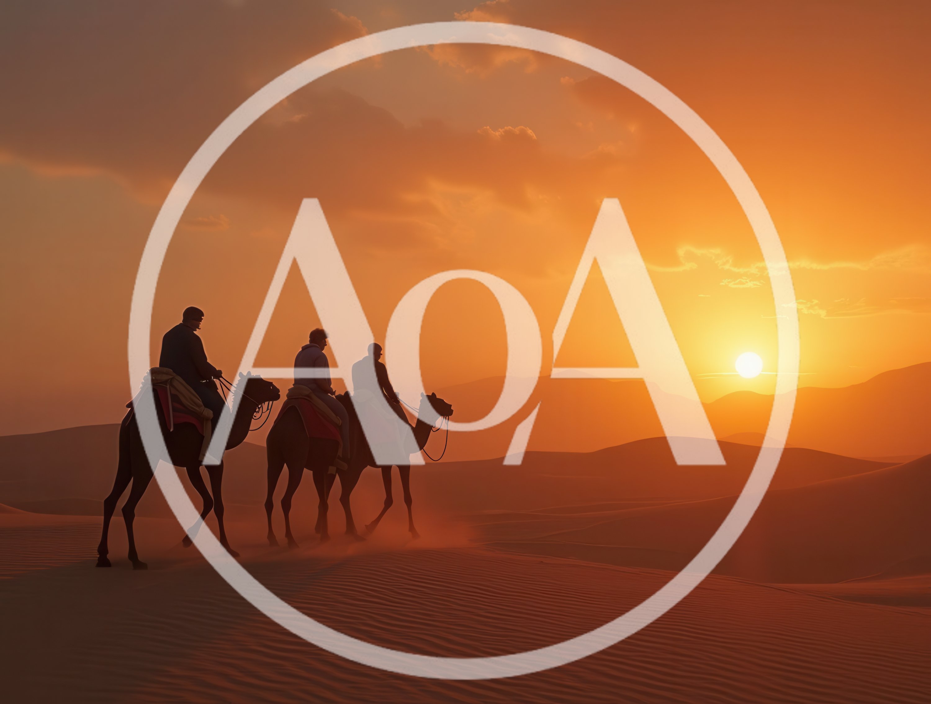Three People Riding Camels Across Desert Dunes At Sunset