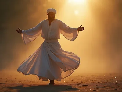 Sufi Dervish Performing Traditional Whirling Dance At Sunset