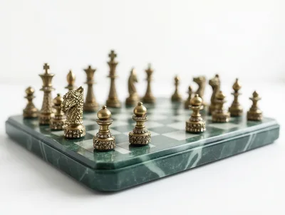 Ornate Brass Chess Pieces on Green Marble Board