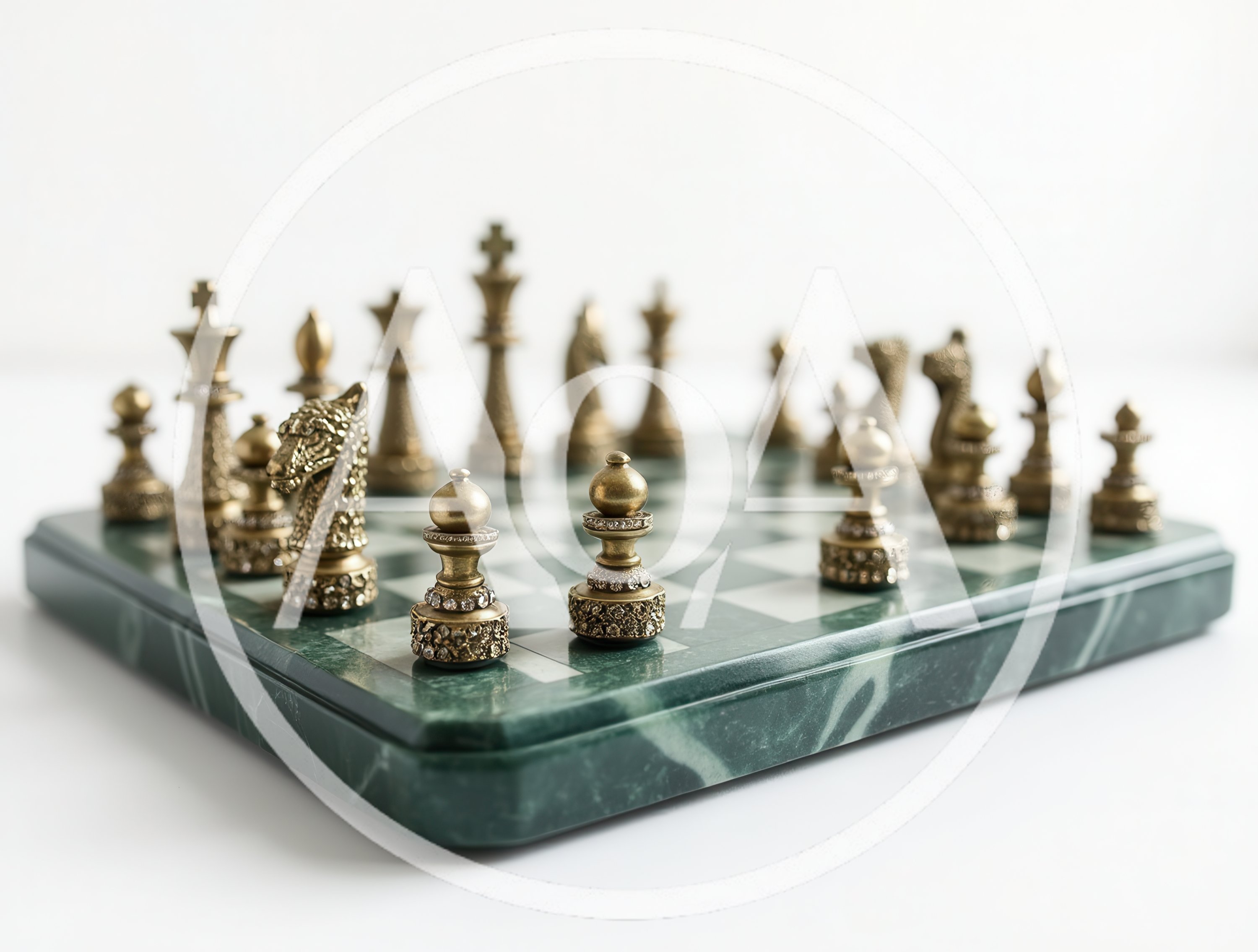 Ornate Brass Chess Pieces on Green Marble Board