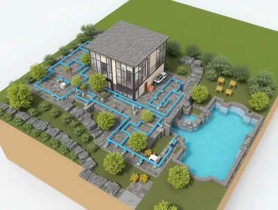 3D Isometric View Of Modern House Plumbing System