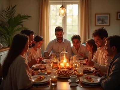 Family Enjoying A Warm Candlelit Dinner Together