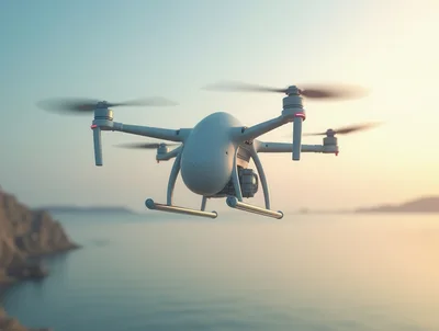 Modern White Drone Flying Over Coastal Waters