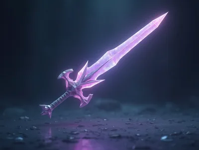 Glowing Fantasy Crystal Sword Floating Above Dark Ground