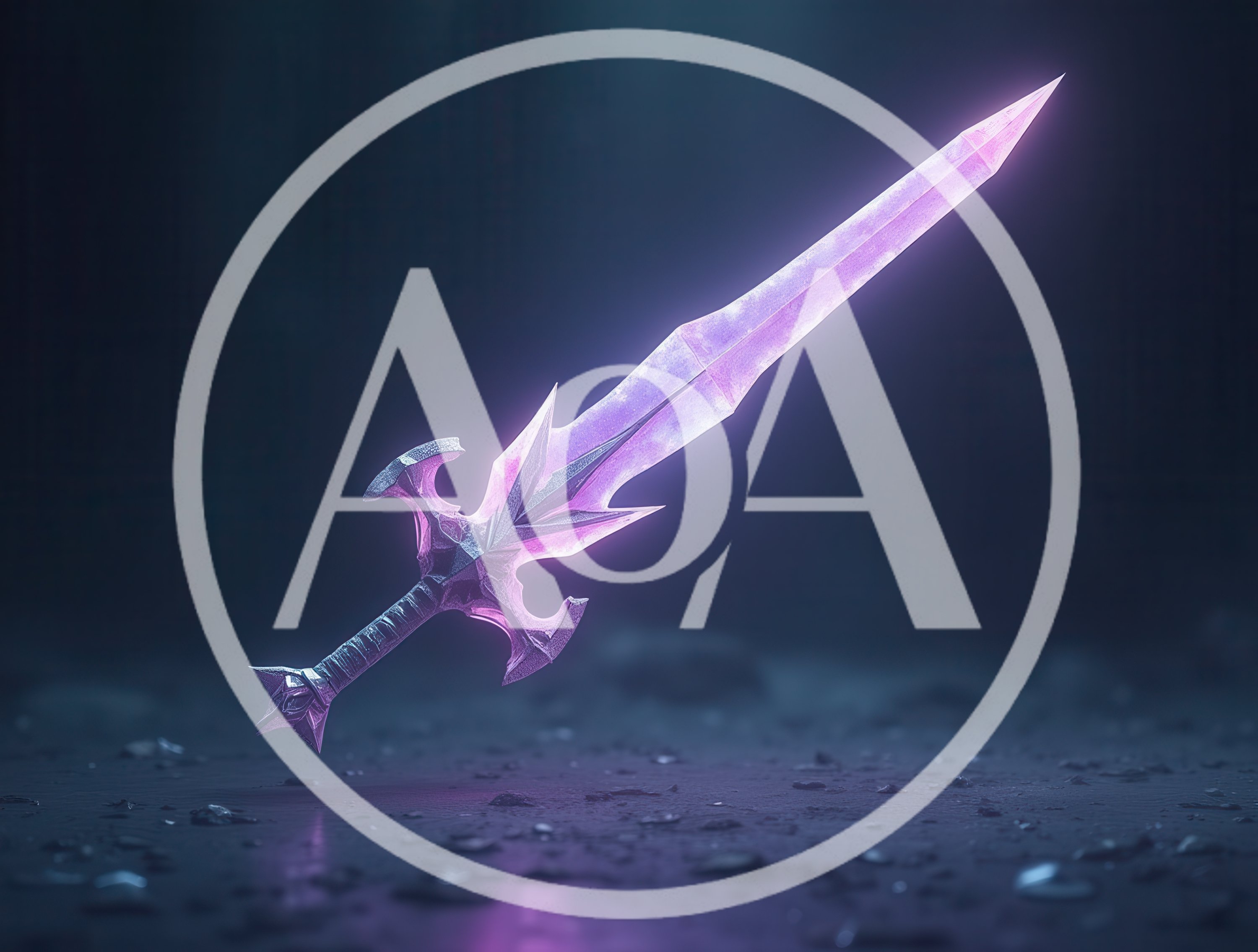 Glowing Fantasy Crystal Sword Floating Above Dark Ground