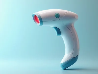 Modern White Handheld Barcode Scanner On Blue Background
