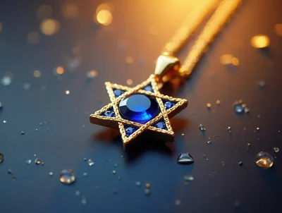 Gold Star Of David Pendant With Blue Gemstone