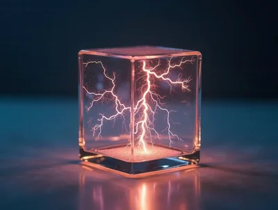 Glowing Electric Lightning Bolt Inside Glass Cube
