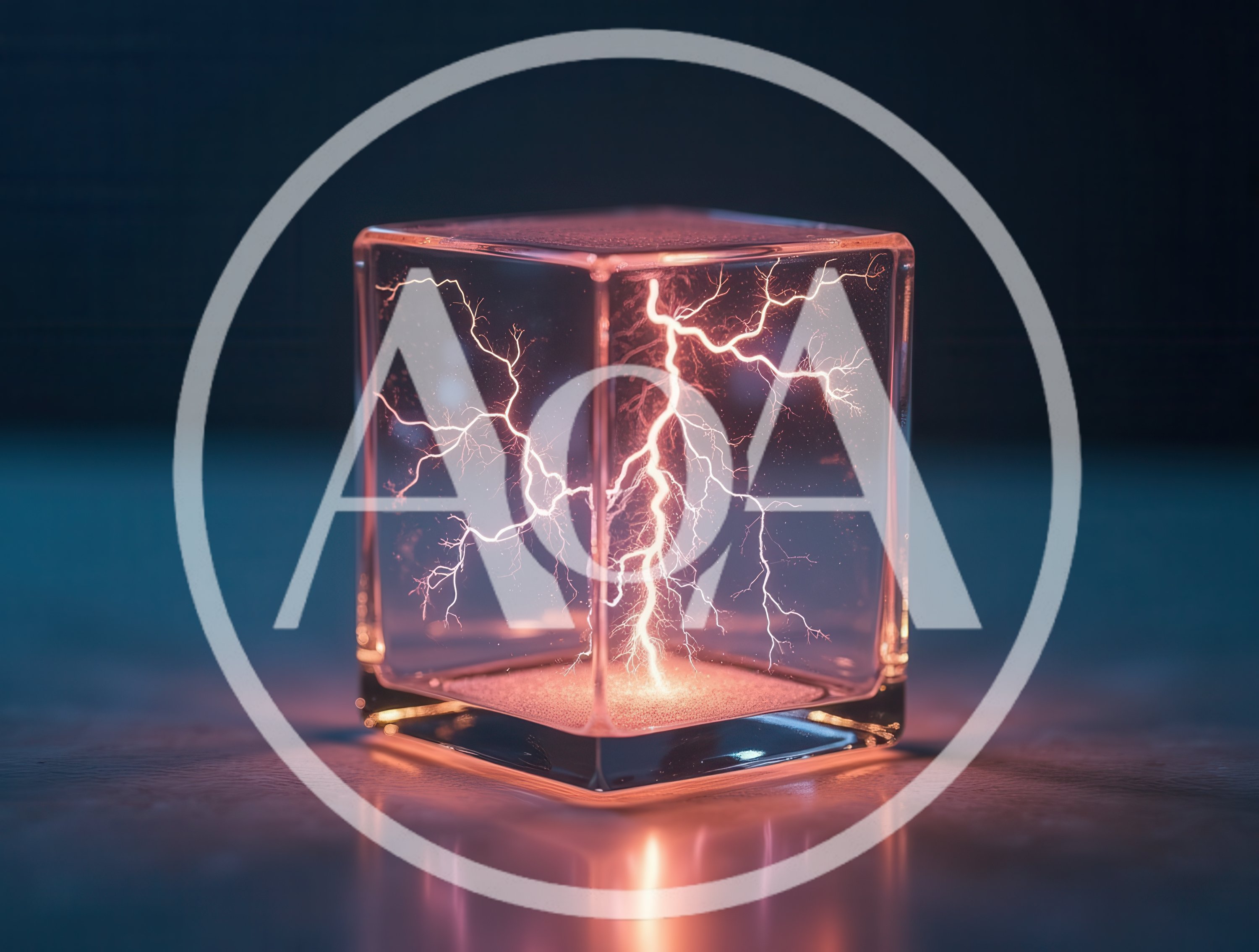 Glowing Electric Lightning Bolt Inside Glass Cube