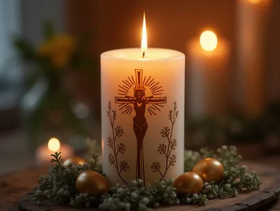 Easter Candle With Crucifix Design And Golden Eggs