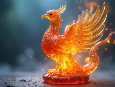 Glass Phoenix Sculpture Glowing With Internal Fire