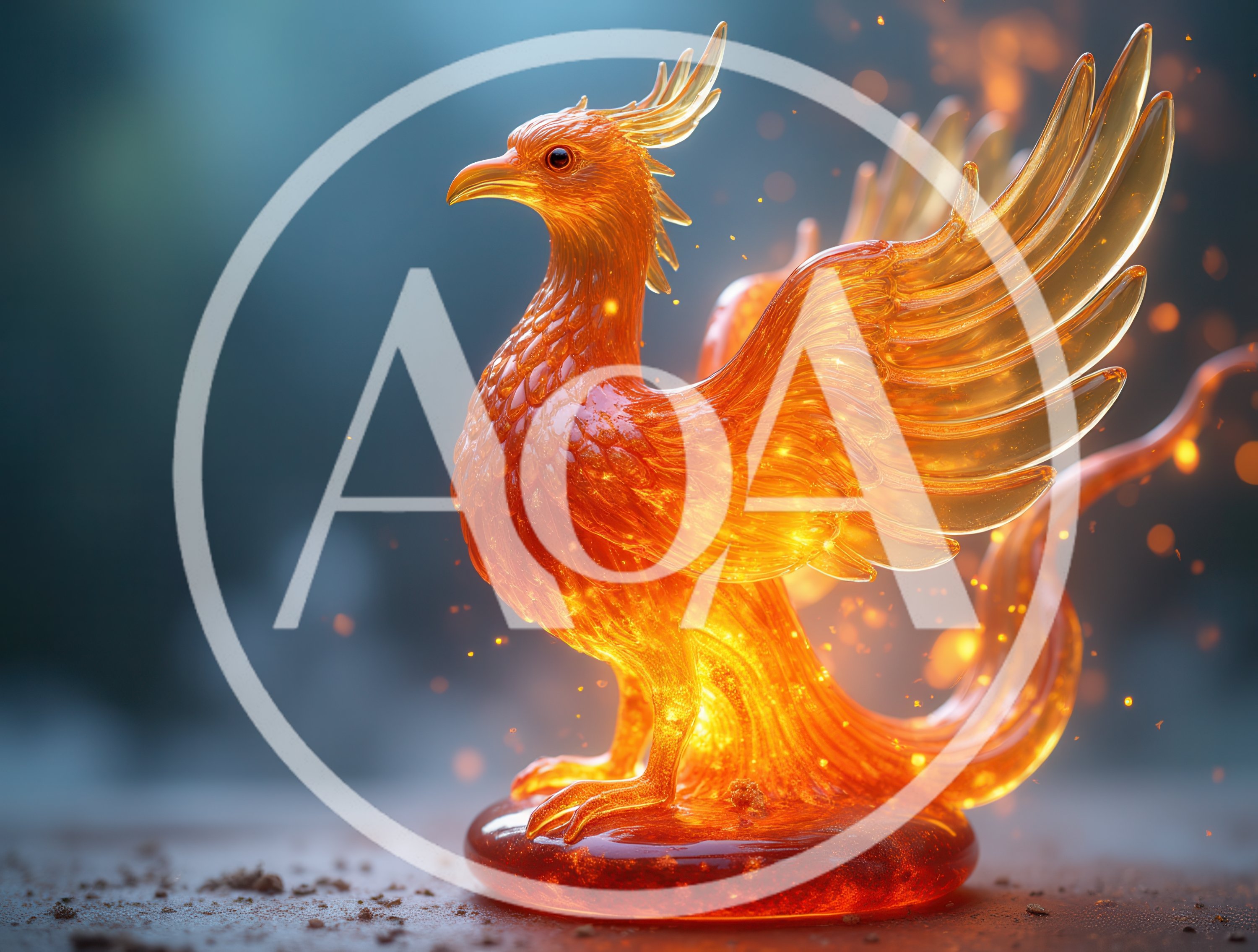 Glass Phoenix Sculpture Glowing With Internal Fire
