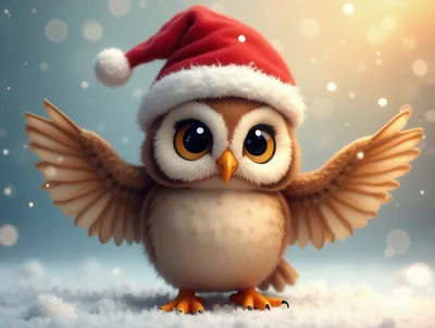 Cute Baby Owl Wearing A Santa Hat In Snow