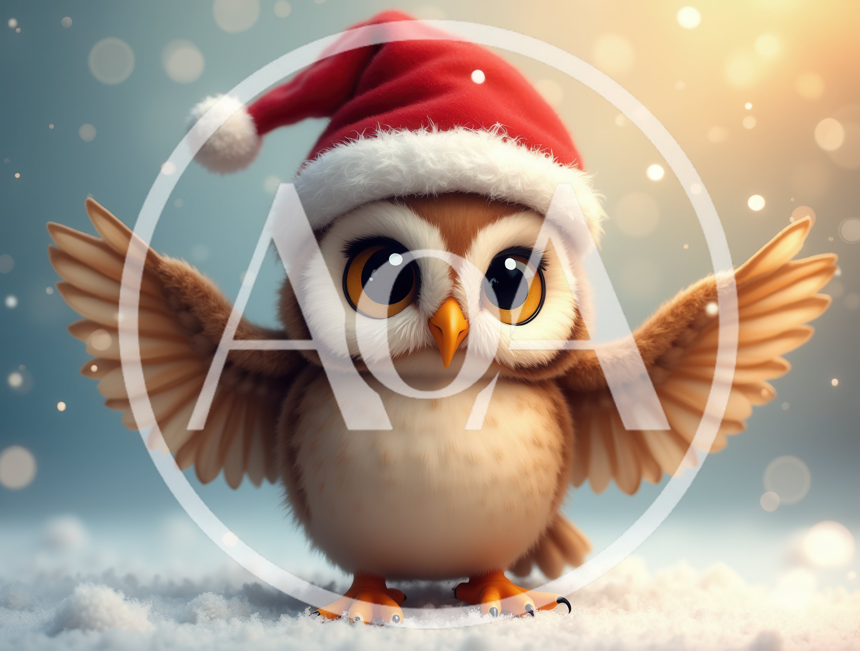 Cute Baby Owl Wearing A Santa Hat In Snow