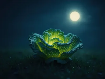 Glowing Cabbage Plant Under Full Moon at Night