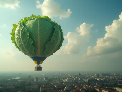 Giant Cabbage Shaped Hot Air Balloon Over City