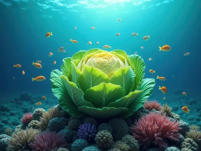 Fresh Green Cabbage Growing Underwater On Coral Reef