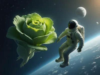 Astronaut Floating Near Giant Cabbage In Outer Space