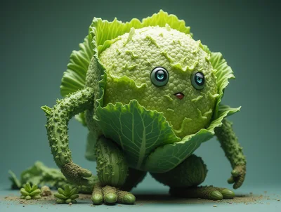 Anthropomorphic Cabbage Creature Standing On Green Background