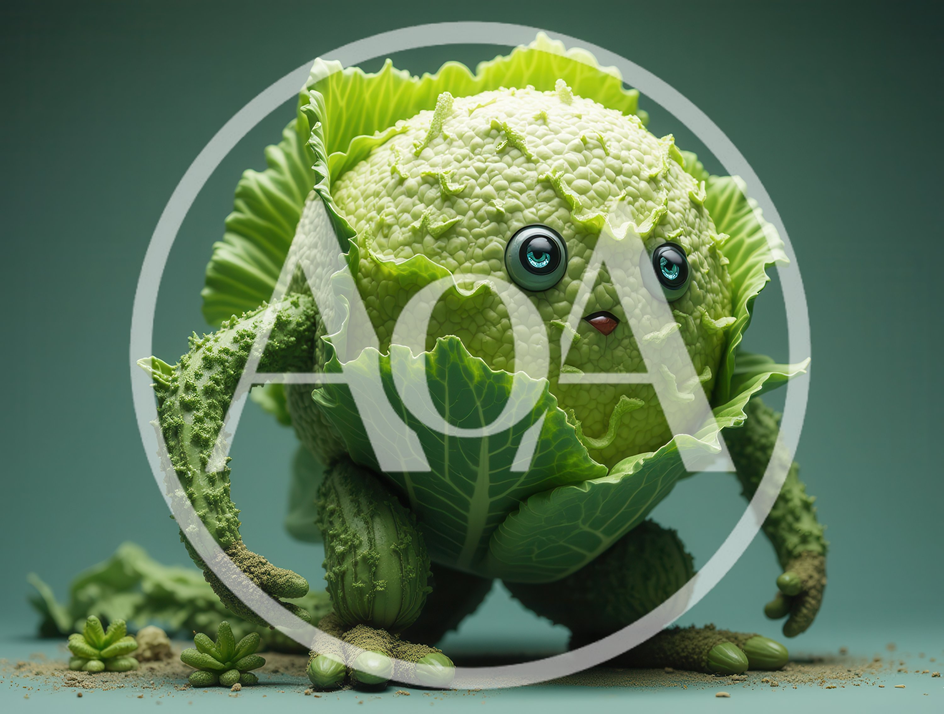Anthropomorphic Cabbage Creature Standing On Green Background