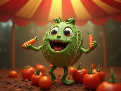Cartoon Cabbage Character Holding Carrots In Tomato Field