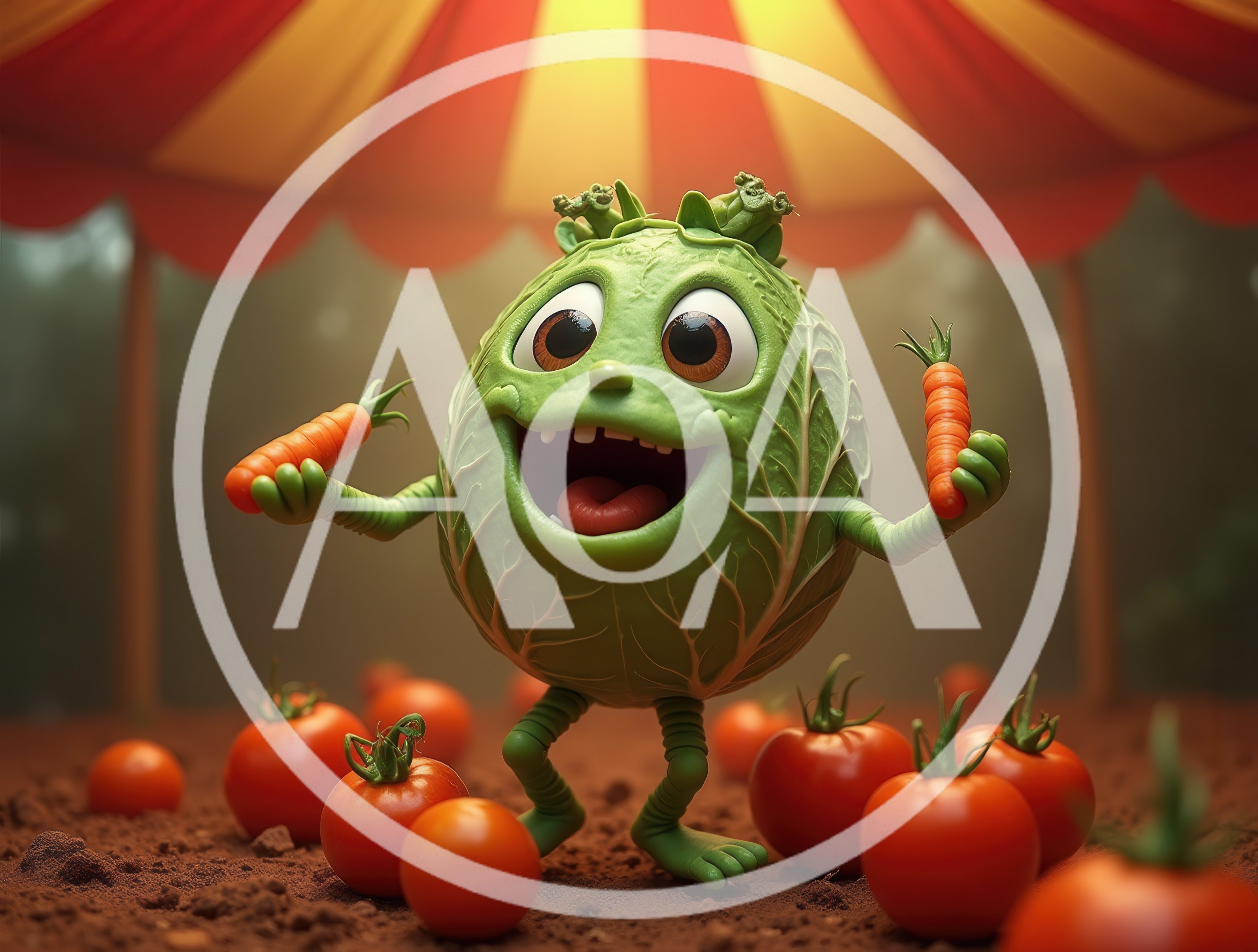 Cartoon Cabbage Character Holding Carrots In Tomato Field