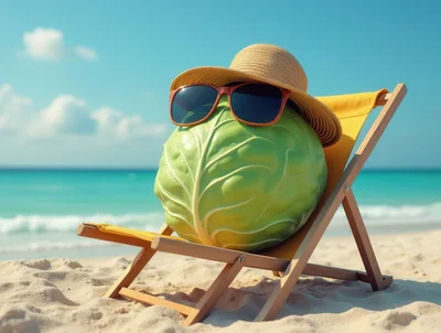 Cabbage Wearing Sunglasses And Hat On Beach Chair