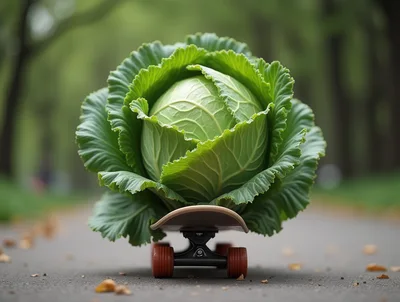 A Large Cabbage Riding A Skateboard On A Path