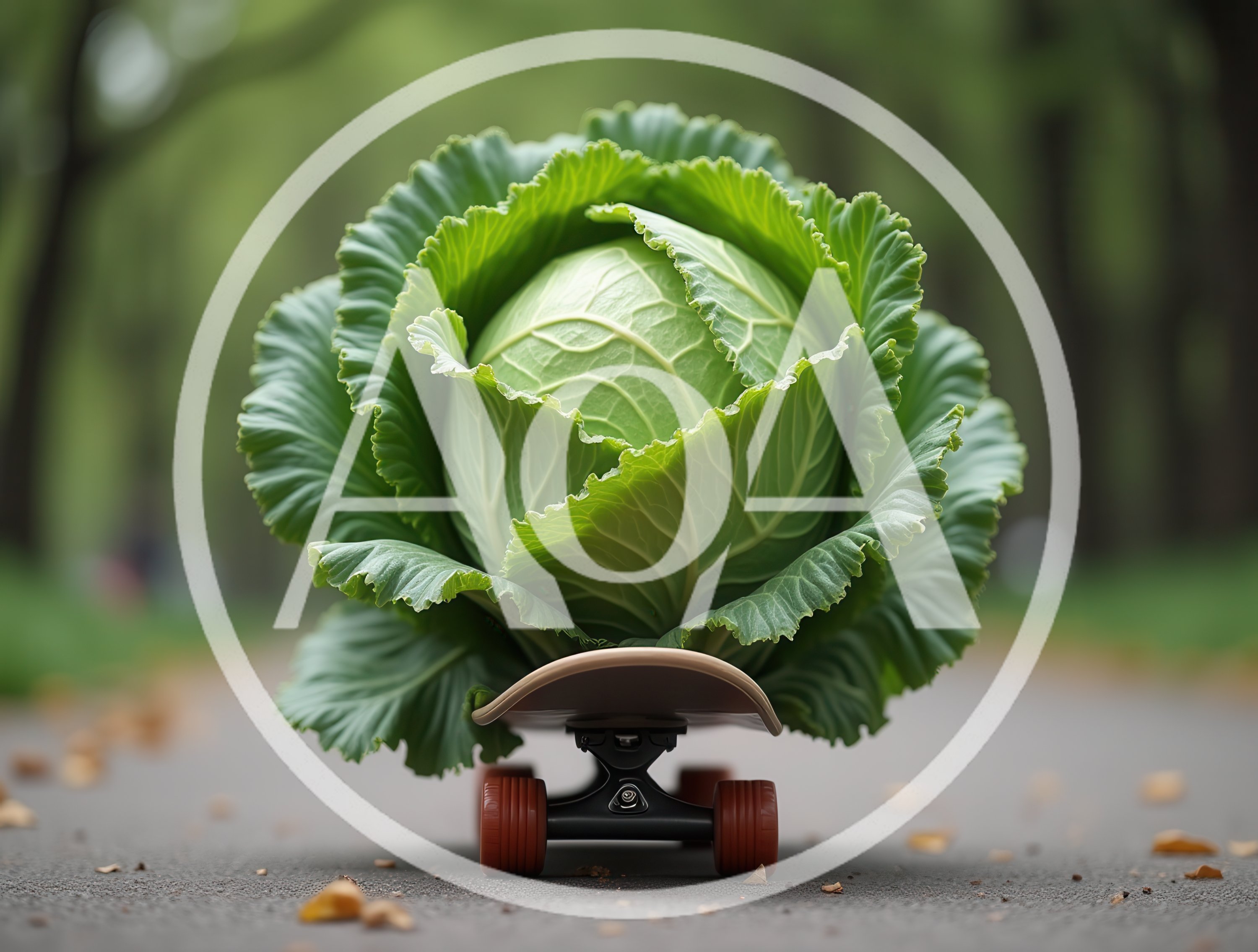 A Large Cabbage Riding A Skateboard On A Path