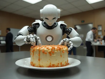 Humanoid Robot Interacting With A Frosted Cake