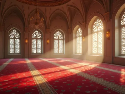 Sunlit Interior Of A Traditional Mosque Prayer Hall